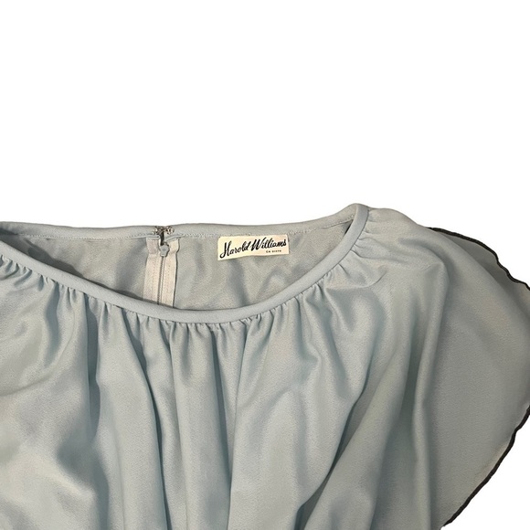 Vintage 70s Harold Williams Light Blue/Green Flowy Maxi Dress Black Trim Pelham - Picture 5 of 10